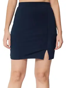 Mehrang Women's Knee Length Formal Pencil Mini Skirt with Elastic Waist Band and Slit, Girl's/Women's Classic Stretchy All Time Trendy Skater Pencil Knee Length Skirts (XL, Navy)