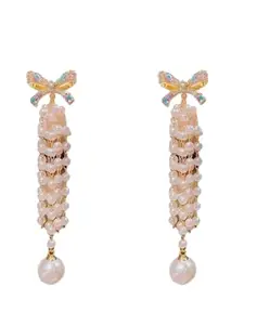 Yu Fashions Crystal Bow Fringe Super Fairy Long Tassel Temperament Pearl Korean Earrings for Women