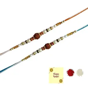 DMS RETAIL Beautiful Designer Rudraksh Rakhi For Brother| with Raksha Bandhan Greeting Card| Moli Set For Brother Set Of 2