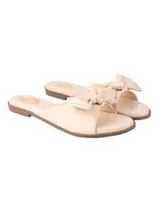 Shoetopia Cream Bow Elegance Flat Slippers For Women & Girls /EU36