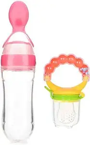 MOM'S PRIDE 90ML Newborn Baby Feeding Bottle | Toddler Silicone Squeeze Feeding Spoon Milk Cereal Training Feeder and Rattle Fruit feeder | (Set of 2) (Pink)