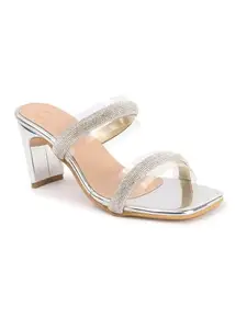 Carlton London Women Silver Stylish Embellished Ethnic Sandal with Block Heel (40)