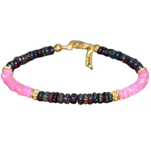 LKBEADS Gold Plated Bracelet with Multicolor Smooth Ethiopian Multi Opal Beads – Rondelle 3.5-4mm – 7 inch Adjustable – For Men & Women|LK_STACK_02622