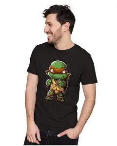 ALLEN BLACK Men's & Women's Regular Fit T-Shirt Chibi Michelangelo 100% Cotton Unise T-Shirt Black_MICHELUNX-Black 5XL Men Round_