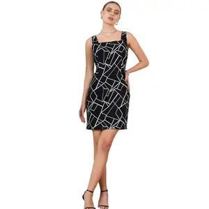 Berrylush Women Black & White Geometric Printed Square Neck Sleeveless Crepe Straight Hem Bodycon Mini Dress