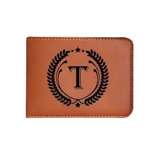 The Unique Gift Studio Men's Leather Wallet - Alphabet Name Leather Wallet for Mens - T Letter Printed on Wallet - Brown