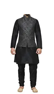 CLARZO Men's Black Matching Silk Kurta Churidhar With Black 1st Waistcoat (CLAR-10044B-46)