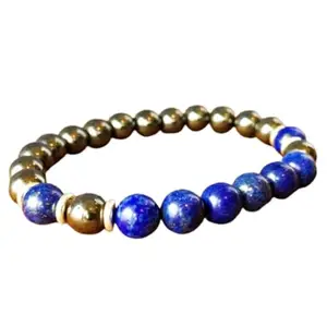 RRJEWELZ Natural Hematite & Lapis Lazuli Round Shape Smooth Cut 8mm Beads 7.5 inch Stretchable Bracelet for Healing, Meditation, Prosperity, Good Luck | STBR_04100