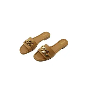 Parvish Comfortable Golden Chain Brown Leatherite Slippers/flipflop/heels Slipper Luxury For Women & Girls