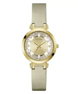 GUESS Leather Gw0535L4 Women Crystal Clear Trendy Time Only Analog Watch, Gold Dial, Gold Band