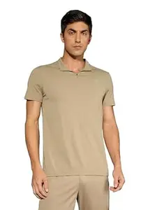 TECHNOSPORT Men's Solid Slim Fit Mock Neck T-Shirt COTFLEX Half Sleeve Zip Polyester for Gym Running Workout UPF50+ Anti Odour