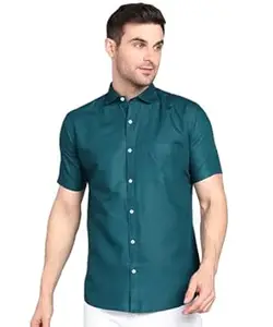 MILDIN Men's Cotton Blend Solid Shirt with Spread Collared Half Sleeve Curved Hemline Button Closure Regular Fit and One Pocket | Half Sleeve Shirt for Men