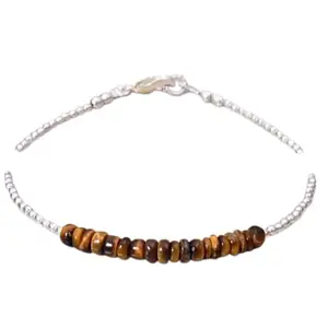 RRJEWELZ Tigers Eye Rondelle Beaded Bracelet – Smooth 3.5mm Brown Stones with Silver Lock – 7 Inch Adjustable link Bracelet for Men & Women|LCBR_RR_06406