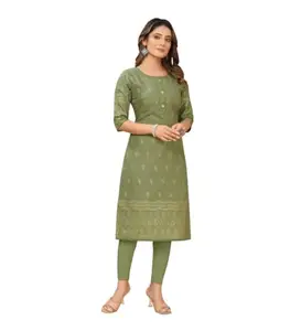 Women's Casual 3/4th Sleeve Foil Gold Printed Ruby Cotton Kurti (Green, M)-PID46110