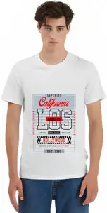 Generic California Los Angeles Printed Cotton T-Shirt Regular Fit, Short Sleeves, Round Neck (Medium) White