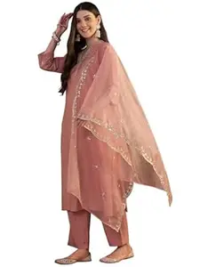 Kaari Women's Embroidered Kurti Set with Dupatta - Straight Fit | Silk Blend with Embroidery | Round Neck with 3/4th Sleeves | Everyday and Festive Kurti Set for Women
