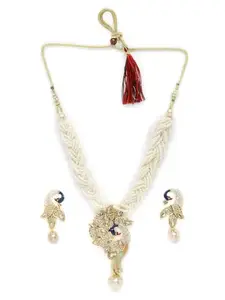 Adiva Latest Stylish Traditional Gold-Plated Stone-Studded & Pearl-Beaded Meenakari Peacock Handcrafted Necklace with Earrings Jewellery Set for Women & Girls