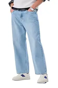 SNITCH Men Jeans Casual Wear | Baggy Fit Wide-Leg Mid Rise Clean Look | 100% Cotton Denim Non-Stretch All Seasons Wearable for Daily Use & Outings