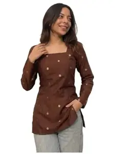 ANNI Designer Women’s Viscose Blend Printed Short Kurti | Straight Fit Casual Ethnic Top | Square Neck 3/4 Sleeve Kurta Office College