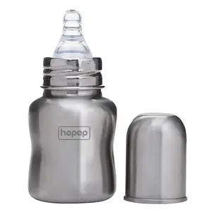 Hopop Baby Steel Feeding Bottle | Soft Silicone Teat Stainless Steel Feeding Bottle | Suitable from 0+ Months | Anti-Colic System | BPA Free | 120ml | Silver