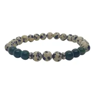 RRJEWELZ Natural Dalmatian Jasper & Moss Agate 8mm Round Shape Smooth Cut Beads 7.5 Inch Stretchable Bracelet For Men & Women. Unisex Bracelet For Healing, Meditation, Prosperity & Luck|STBR_RR_11149_7.5