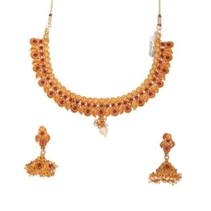 Handcrafted Antique Gold-Plated Jewelry Combo | Necklace Set with Matching Jhumkas | Stone-Embellished with Pearls (JCNJR01)