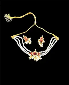 Blue Saphire Traditional alloy Necklace with Earring for Women and Girls Multi colour gems (Gold plated) (Red)