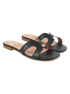 Shoetopia Women’s Black Flat Sandals with Stylish Cut-Out Strap Design || Comfortable Casual Slip-On Flats for Everyday & Ethnic Footwear EU38