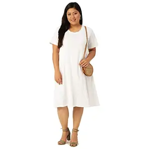 theRebelinme Plus Size Women's White Solid Color Round Neck Cotton A-Line Dress(XXXL)