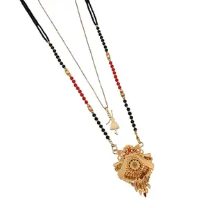 MALKYN Women's Gold Plated Traditional Indian Mangalsutra Necklace with Intricate Enamel-Accented Peacock and Floral Motif Pendant and Layered Ballerina Charm Set, Black Beaded Wedding Jewelry-MD-078