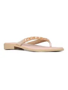 Inc.5 Womens Peach Party Wear Embellished T-Strap Flats