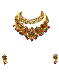 Traditional Indian Bridal Necklace Set with Earrings, Gold-Plated, Red and Green Beads, Antique Design