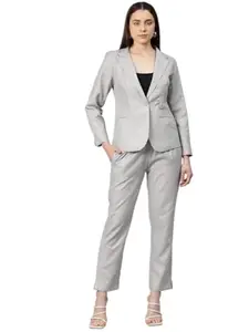Cottinfab Women Solid Grey Blazer Suit Set