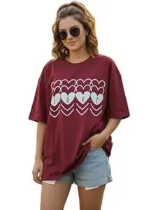 TQH Round Neck Half Sleeve Cotton Blend Oversized Tshirt for Women, Round Neck Longline Printed Drop Shoulder Loose Fit T-Shirt for Women