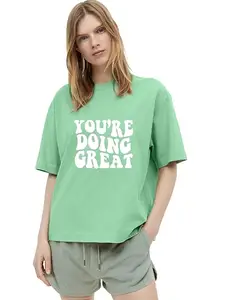 FALTU.CO Cotton Blend Half Sleeve Oversized T Shirts For Women | Drop Shoulder T Shirt Dresses For Women | Stylish Oversized T Shirts For Girls | Comfortable Oversized Tshirt For Women (Medium, Sea Green)
