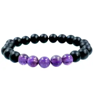 RRJEWELZ Natural Amethyst & Matte Black Onyx 8mm Round Shape Smooth Cut Beads 8 Inch Stretchable Bracelet For Men & Women. Unisex Bracelet For Healing, Meditation, Prosperity & Luck|STBR_RR_09749_8.0