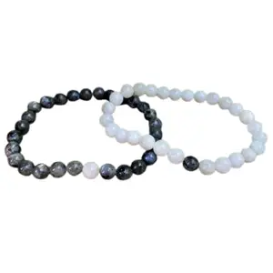 RRJEWELZ moonstone & labradorite 6mm Round Smooth beads Long Distance Couples Love Friendship Combo Bracelet Set - Couples Relationship 6 inch Stretchable Bracelets set|RR_CPBR_217_6