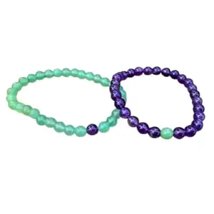 RRJEWELZ Amethyst & green Aventurine 6mm Round Smooth beads Long Distance Couples Love Friendship Combo Bracelet Set - Couples Relationship 6.5 inch Stretchable Bracelets set|RR_CPBR_012_6.5