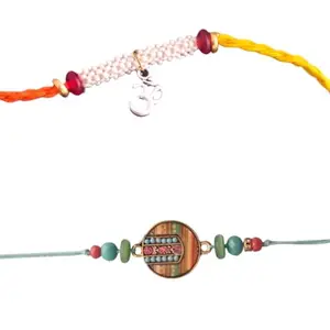 Ideaz unlimited Designer & Traditional Om Rakhi | Colorful Beads & Dual Color Threads for Rakshabandhan | Pack of 2 Rakhi with Roli Chawal