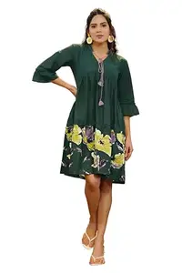 MIRCHI FASHION Women's Flared Cotton Floral Print Dress (K10405-Dark Green, Yellow - L)
