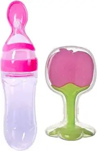 MOM'S PRIDE Newborn Baby Feeding Bottle Silicone Squeez Feeding Spoon Milk Cereal Training Feeder and Fruit Shape Silicone Teether (Set of 2) (Pink)