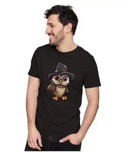 ALLEN BLACK Men's & Women's Regular Fit T-Shirt Chibi Wizard Owl 100% Cotton Unise T-Shirt Black_OWLREDUNX-Black 5XL Men Round_