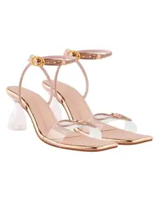 Shoetopia Women's Transparent Rose Gold Block Heel Sandals | Stylish Ankle Strap Party Heels with Rhinestone Bow Detail | Elegant Dress Sandals for Wedding & Evening Footwear EU38