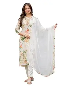 RANGZARI Women Floral Kurta Set | Straight Kurti Pant Dupatta | V Neck Three Quarter Sleeve | Ethnic for Office Casual Festive.