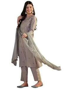 Kaari Women's Embroidered Kurti Set with Dupatta - Straight Fit | Silk Blend with Embroidery | Round Neck with 3/4th Sleeves | Everyday and Festive Kurti Set for Women