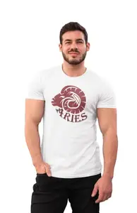 Bag It Deals Aries (BG Brown) White Round Neck Cotton Half Sleeved T-Shirt with Printed Graphics