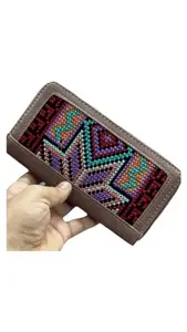 Zipper Cross Stich Handwork Women's Jute Handcrafted Vegan Leather Wristlet Wallet (Champaign)