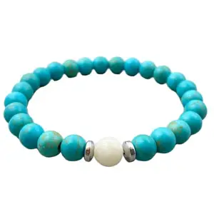 LKBEADS Selenite & Turquoise Beaded Bracelet for Bridesmaids, Essential Oils Diffuser, Birthstone Gift for Best Friend or Him|8mm Round|Smooth|Blue & White|SRC_LI_000944