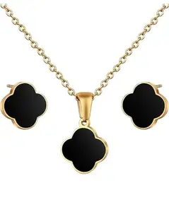 Clover Pendant Necklace and Earring Set, Gold-Plated Stainless Steel, Black
