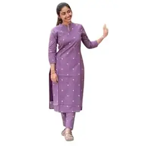 Floral Kurta Set with White Pants – Rayon Slub, Short Sleeves, Mandarin Neck, Office & Casual__